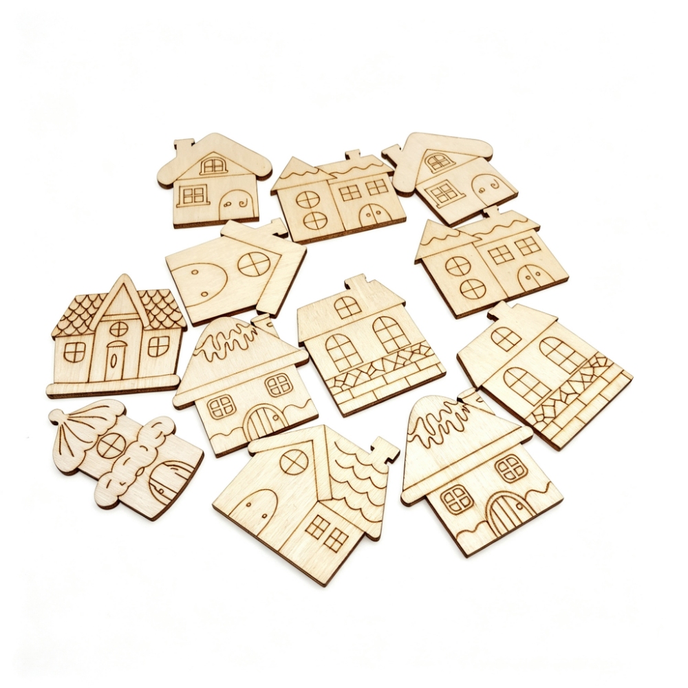 Christmas Craft Embellishment - แผ่นไม้ตกแต่งคริสต์มาสขนาด 40 มม. 80 มม. รูปทรงบ้านแบบยังไม่เคลือบสี
