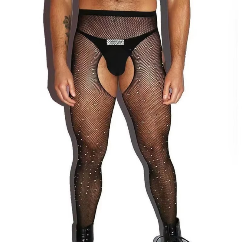 Crystal Mesh Fabric - ถุงน่องตาข่ายเปิดเป้าสำหรับผู้ชาย ถุงน่องตาข่ายยืดหยุ่น ซีทรู ถุงน่องยาว ขอบเอวคริสตัล ถุงน่องเซ็กซี่สำหรับงานปาร์ตี้ไนท์คลับ