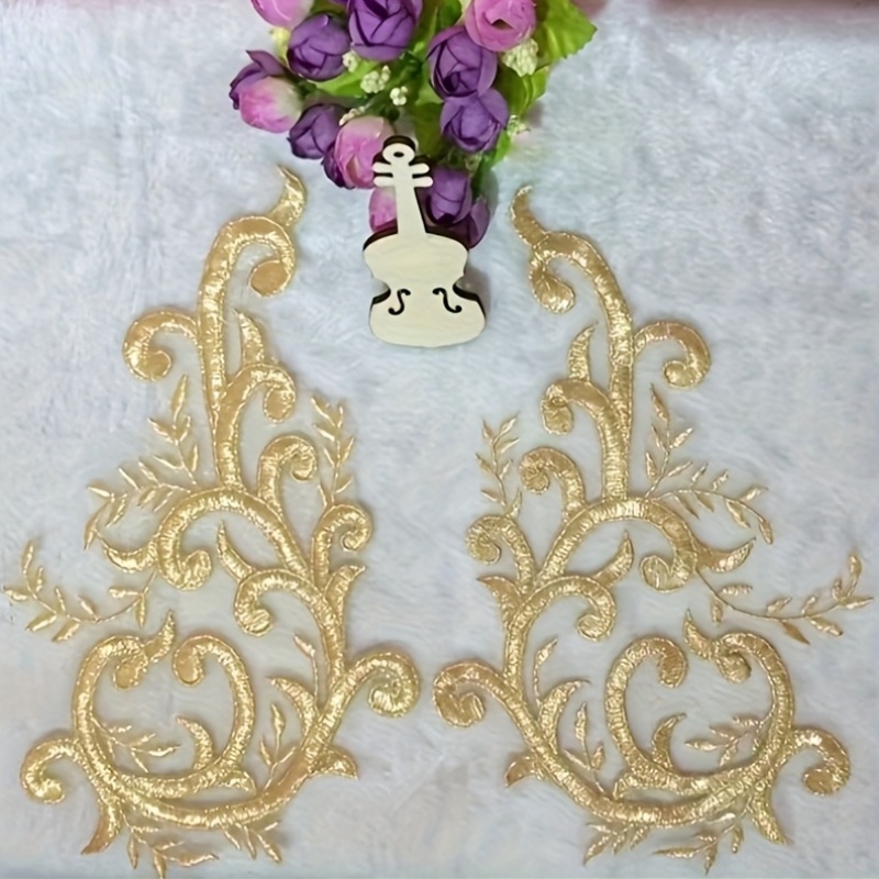 Applique Patch Flower - 2 คู่ ผ้าลูกไม้สีทองลายดอกไม้ ปักลายกิ่งไม้ สำหรับตกแต่งปกชุดแต่งงาน ตาข่ายปักลายสำหรับเย็บติดชุด