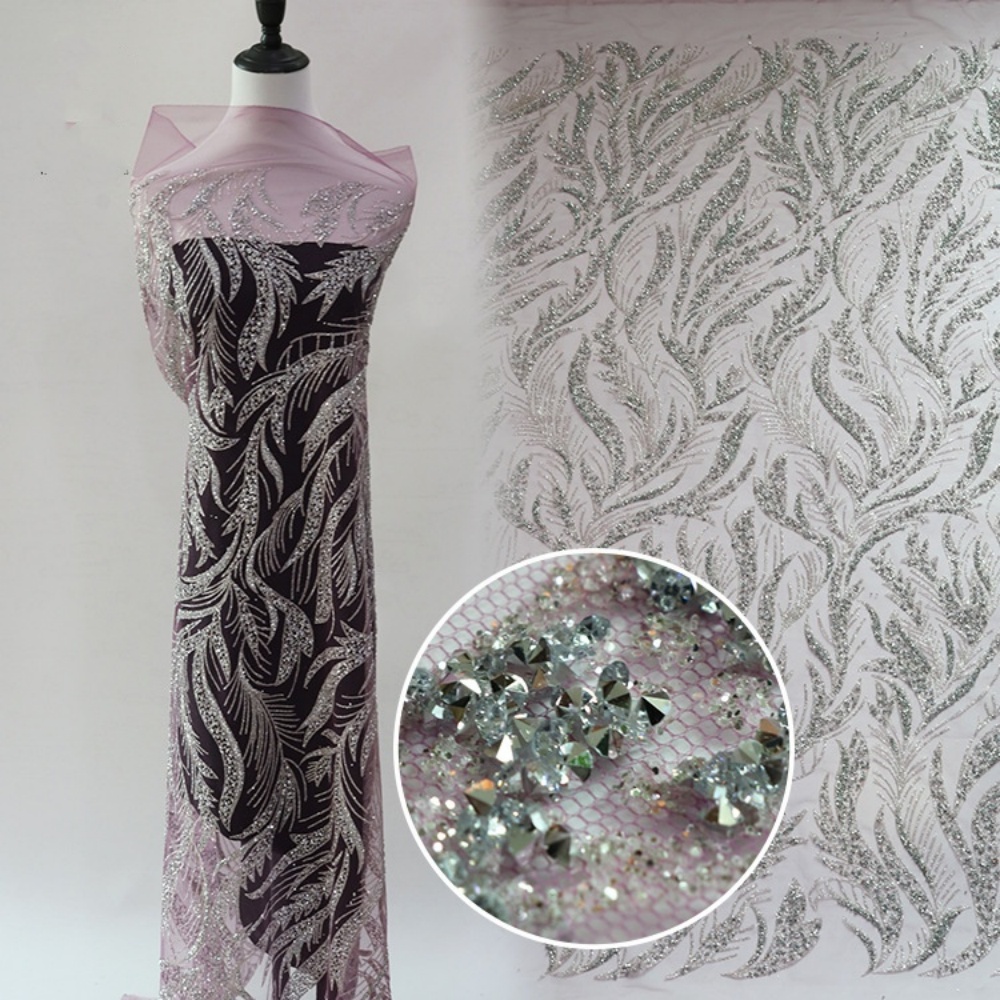 Crystal Mesh Fabric - ผ้าตาข่ายปักลายดอกไม้สำหรับงานแต่งงาน ผ้าลูกไม้คริสตัลลายผงปั๊มร้อน 10 แบบ สำหรับชุดราตรีงานเลี้ยงค็อกเทล